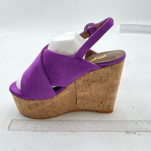 Women Peep Toe Platform Wedge Cork High Heel Slingback Sandals Suede Purple - Picture 2 of 8